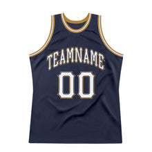 Load image into Gallery viewer, Custom Navy White-Old Gold Authentic Throwback Basketball Jersey
