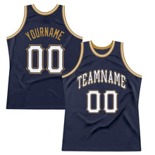 Load image into Gallery viewer, Custom Navy White-Old Gold Authentic Throwback Basketball Jersey
