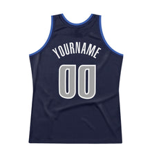 Load image into Gallery viewer, Custom Navy Silver Gray-Blue Authentic Throwback Basketball Jersey
