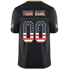 Load image into Gallery viewer, Custom Lights Out Black Vegas Gold-Navy USA Flag Fashion Football Jersey
