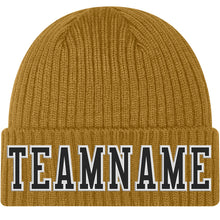 Load image into Gallery viewer, Custom Old Gold Black-White Stitched Cuffed Knit Hat
