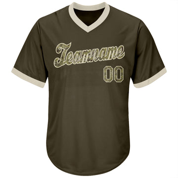 Custom Olive Camo-Cream Authentic Salute To Service Throwback Rib-Knit Baseball Jersey Shirt