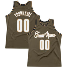 Load image into Gallery viewer, Custom Olive White-Old Gold Authentic Throwback Basketball Jersey
