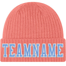 Load image into Gallery viewer, Custom Pink Light Blue-White Stitched Cuffed Knit Hat
