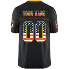 Load image into Gallery viewer, Custom Lights Out Black Gold-Navy USA Flag Fashion Football Jersey

