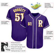 Load image into Gallery viewer, Custom Purple White-Gold Authentic Baseball Jersey
