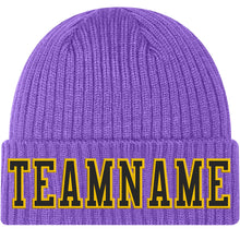 Load image into Gallery viewer, Custom Purple Black-Gold Stitched Cuffed Knit Hat
