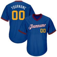 Load image into Gallery viewer, Custom Royal Gold-Maroon Authentic Throwback Rib-Knit Baseball Jersey Shirt
