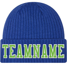 Load image into Gallery viewer, Custom Royal Neon Green-White Stitched Cuffed Knit Hat
