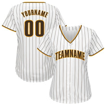 Load image into Gallery viewer, Custom White Brown Strip Brown-Gold Baseball Jersey
