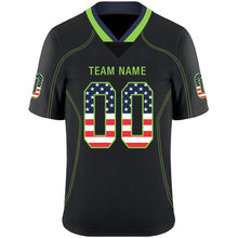 Load image into Gallery viewer, Custom Lights Out Black Neon Green-Navy USA Flag Fashion Football Jersey
