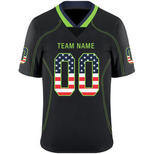 Custom Lights Out Black Neon Green-Navy USA Flag Fashion Football Jersey