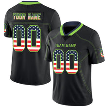 Load image into Gallery viewer, Custom Lights Out Black Neon Green-Navy USA Flag Fashion Football Jersey
