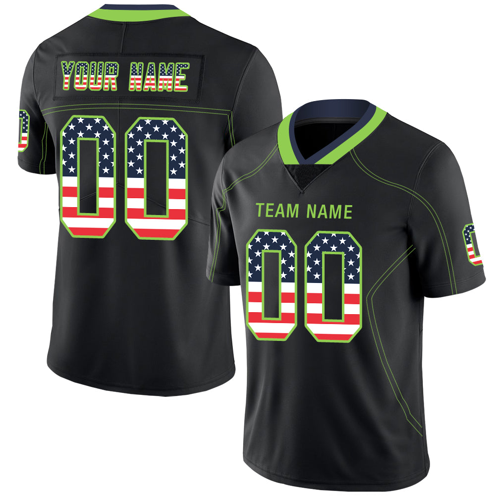 Custom Lights Out Black Neon Green-Navy USA Flag Fashion Football Jersey