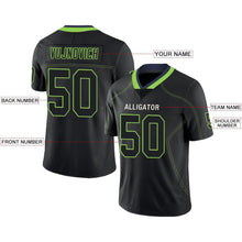 Load image into Gallery viewer, Custom Lights Out Black Neon Green-Navy Football Jersey
