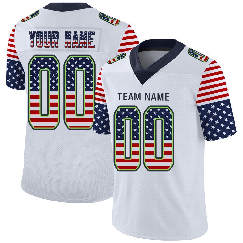 Custom White Navy-Neon Green USA Flag Fashion Football Jersey