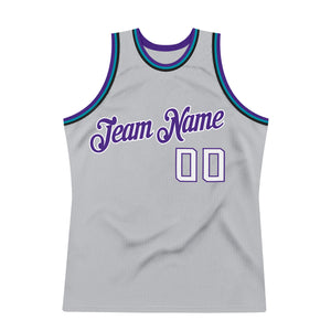 Custom Silver Gray White-Purple Authentic Throwback Basketball Jersey