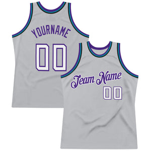 Custom Silver Gray White-Purple Authentic Throwback Basketball Jersey