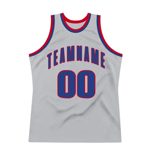 Custom Silver Gray Royal-Red Authentic Throwback Basketball Jersey