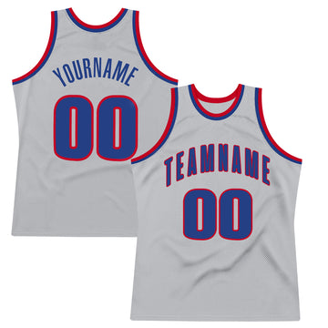 Custom Silver Gray Royal-Red Authentic Throwback Basketball Jersey