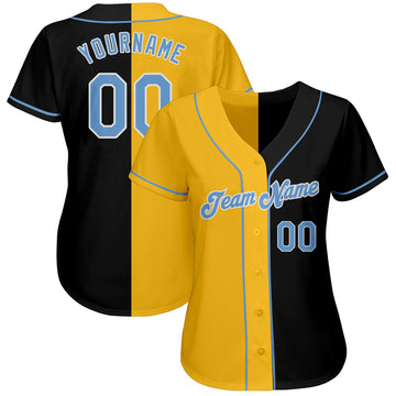 Custom Black Light Blue-Gold Authentic Split Fashion Baseball Jersey