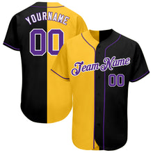 Load image into Gallery viewer, Custom Black Purple-Gold Authentic Split Fashion Baseball Jersey
