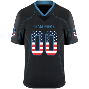 Custom Lights Out Black Powder Blue-Navy USA Flag Fashion Football Jersey