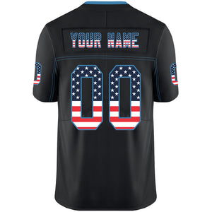 Custom Lights Out Black Powder Blue-Navy USA Flag Fashion Football Jersey