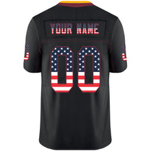 Load image into Gallery viewer, Custom Lights Out Black Burgundy-Gold USA Flag Fashion Football Jersey
