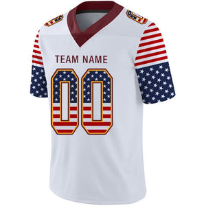 Custom White Burgundy-Gold USA Flag Fashion Football Jersey