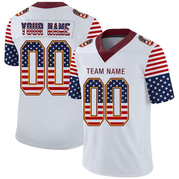 Custom White Burgundy-Gold USA Flag Fashion Football Jersey