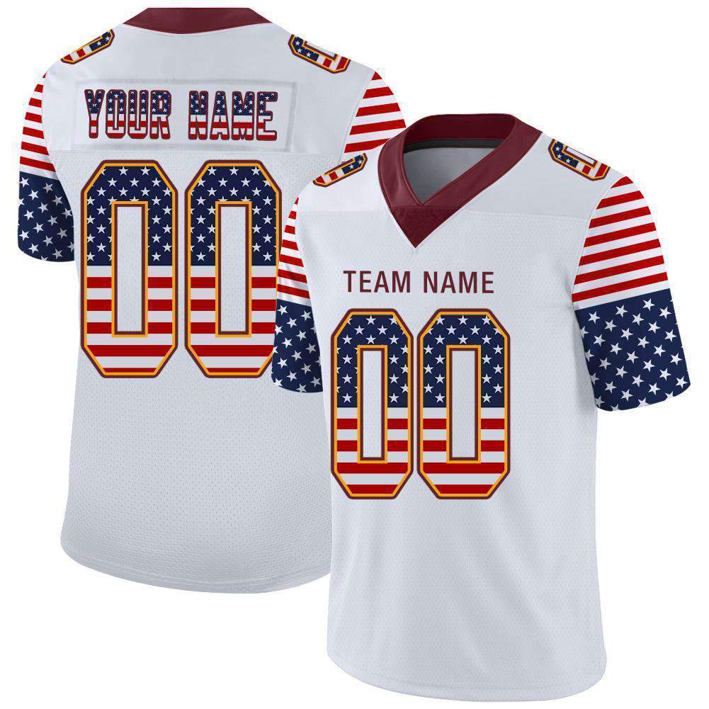 Custom White Burgundy-Gold USA Flag Fashion Football Jersey