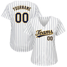 Load image into Gallery viewer, Custom White Navy Strip Navy-Gold Authentic Baseball Jersey
