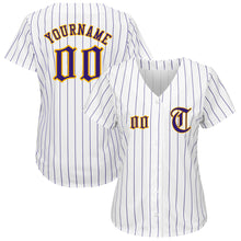 Load image into Gallery viewer, Custom White Purple Strip Purple-Gold Authentic Baseball Jersey
