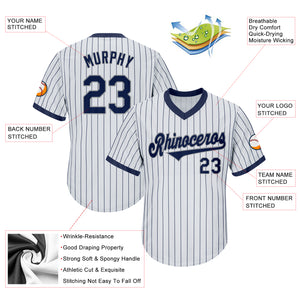 Custom White Navy Strip Navy-Gray Authentic Throwback Rib-Knit Baseball Jersey Shirt