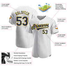 Load image into Gallery viewer, Custom White Navy Strip Navy-Gold Authentic Baseball Jersey

