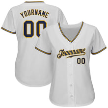 Load image into Gallery viewer, Custom White Navy-Gold Authentic Baseball Jersey
