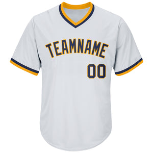 Custom White Navy-Gold Authentic Throwback Rib-Knit Baseball Jersey Shirt