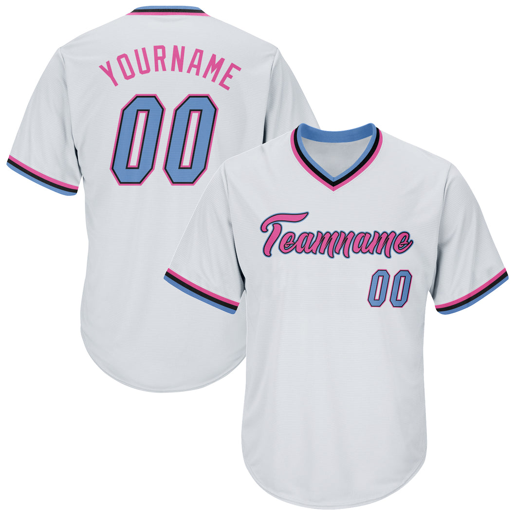 Custom White Light Blue-Pink Authentic Throwback Rib-Knit Baseball Jersey Shirt