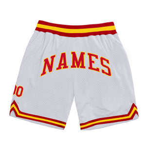 Custom White Red-Gold Authentic Throwback Basketball Shorts
