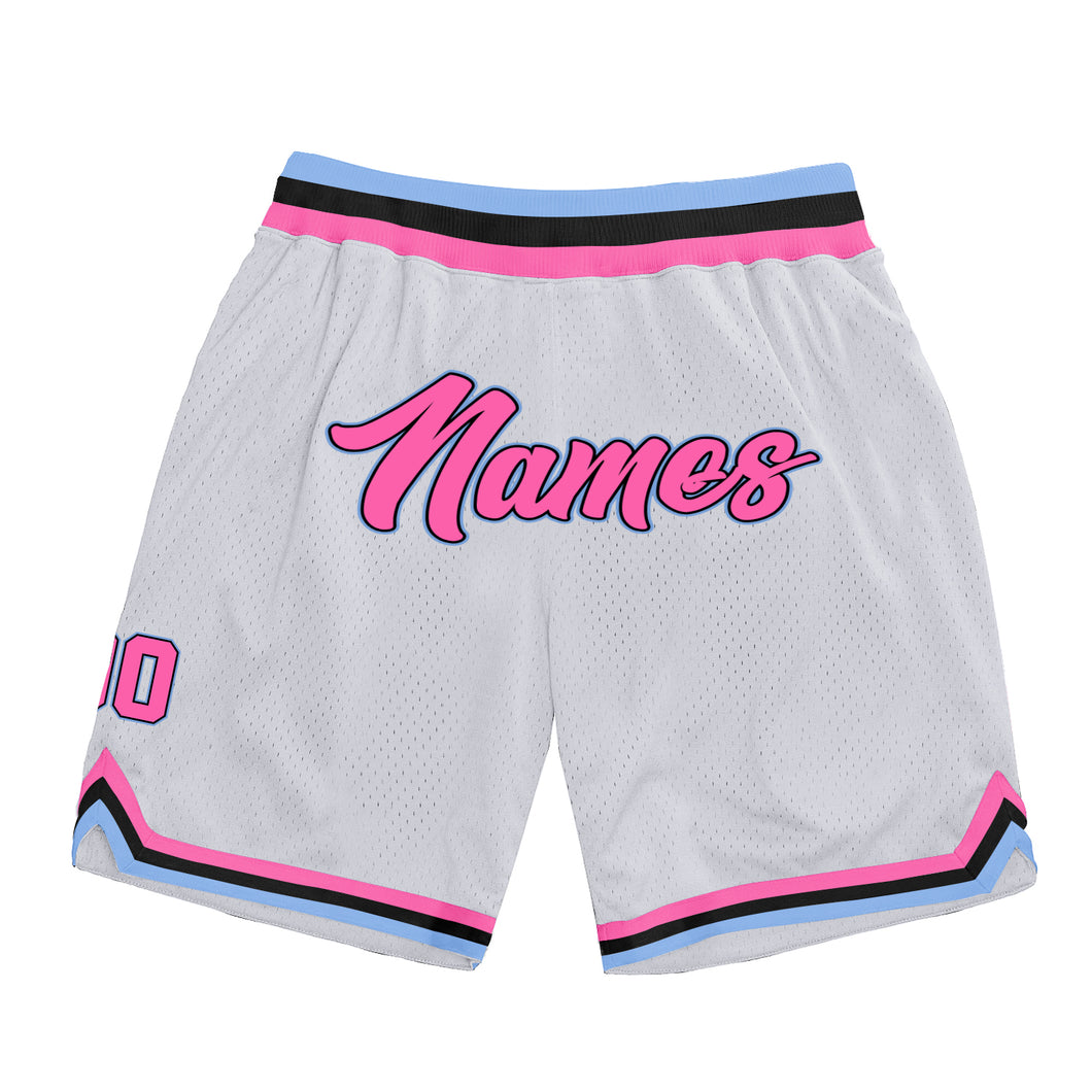 Custom White Pink-Light Blue Authentic Throwback Basketball Shorts