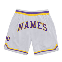Load image into Gallery viewer, Custom White Purple-Gold Authentic Throwback Basketball Shorts
