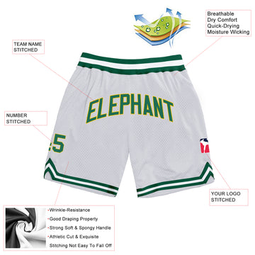 Custom White Kelly Green-Gold Authentic Throwback Basketball Shorts