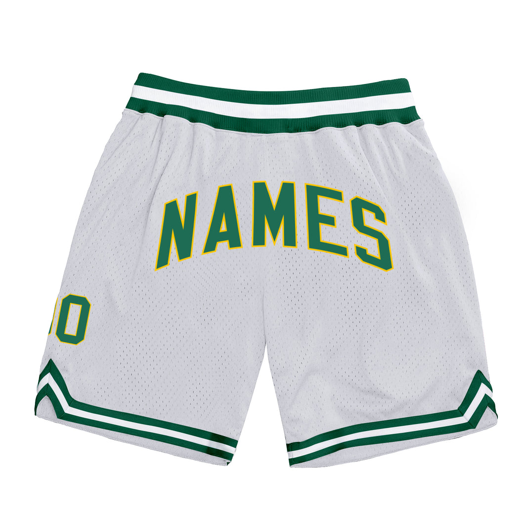 Custom White Kelly Green-Gold Authentic Throwback Basketball Shorts