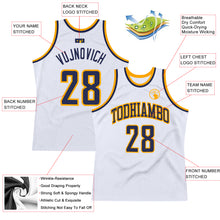 Load image into Gallery viewer, Custom White Navy-Gold Authentic Throwback Basketball Jersey
