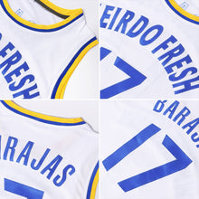Load image into Gallery viewer, Custom White Navy-Gold Authentic Throwback Basketball Jersey
