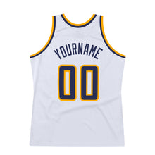 Load image into Gallery viewer, Custom White Navy-Gold Authentic Throwback Basketball Jersey
