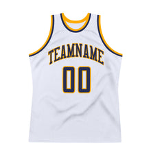 Load image into Gallery viewer, Custom White Navy-Gold Authentic Throwback Basketball Jersey
