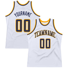 Load image into Gallery viewer, Custom White Navy-Gold Authentic Throwback Basketball Jersey
