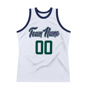 Custom White Hunter Green-Navy Authentic Throwback Basketball Jersey